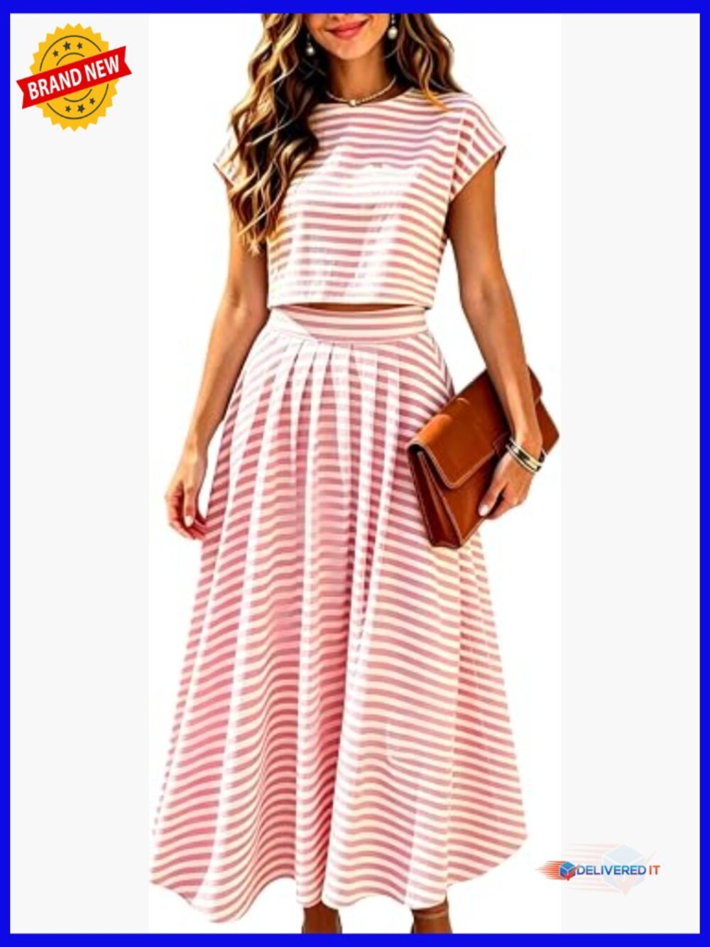 Women's 2 Piece Outfits Striped Crop Top Skirt Set Midi Travel Outfits